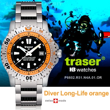 （6折）Traser 潛水錶 軍錶 軍用錶 防水錶 男錶 中性錶 橘色 P6602.R51.N4A.01.OR