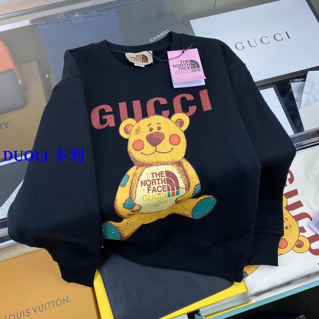 多多代購gucci 古馳21新款北面聯名維尼熊情侶款圓領衛衣小熊字母logo 印花上衣男女同款情侶t恤 蝦皮購物