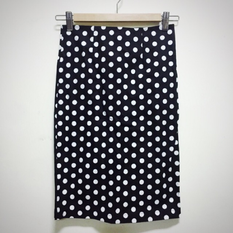 黑白波點後開衩拉鍊包臀中裙復古水玉柄點點普普風及膝裙經典 蝦皮購物