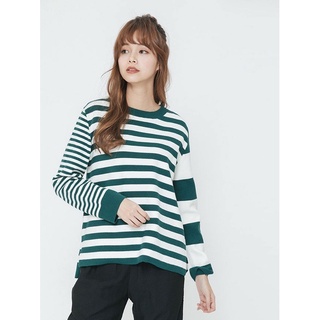 轉賣 H:CONNECT 韓國品牌 女裝-不對稱條紋細針織上衣-綠 二手