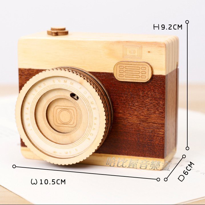 【哈比屋音樂盒】23音梳高音質音樂盒, 相機造型 雙色原木設計 仿真可愛 Sankyo音樂機芯
