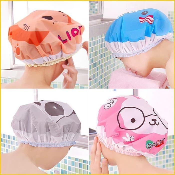 淋浴洗髮水浴帽塑料發套可愛人物成人兒童護髮器ori