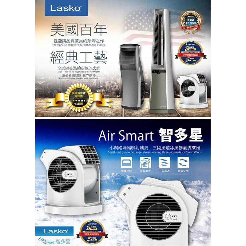 美國 Lasko AirSmart智多星 氣流循環堆進機 三段風速小鋼砲渦輪噴射風扇 U11300 公司貨白色76W