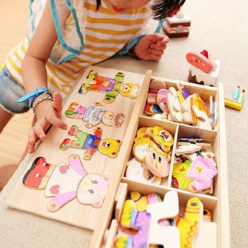木制嬰兒童小熊換衣服 男女孩寶寶益智立體拼圖積木玩具1-2-3-4歲嚴選優品快速出貨