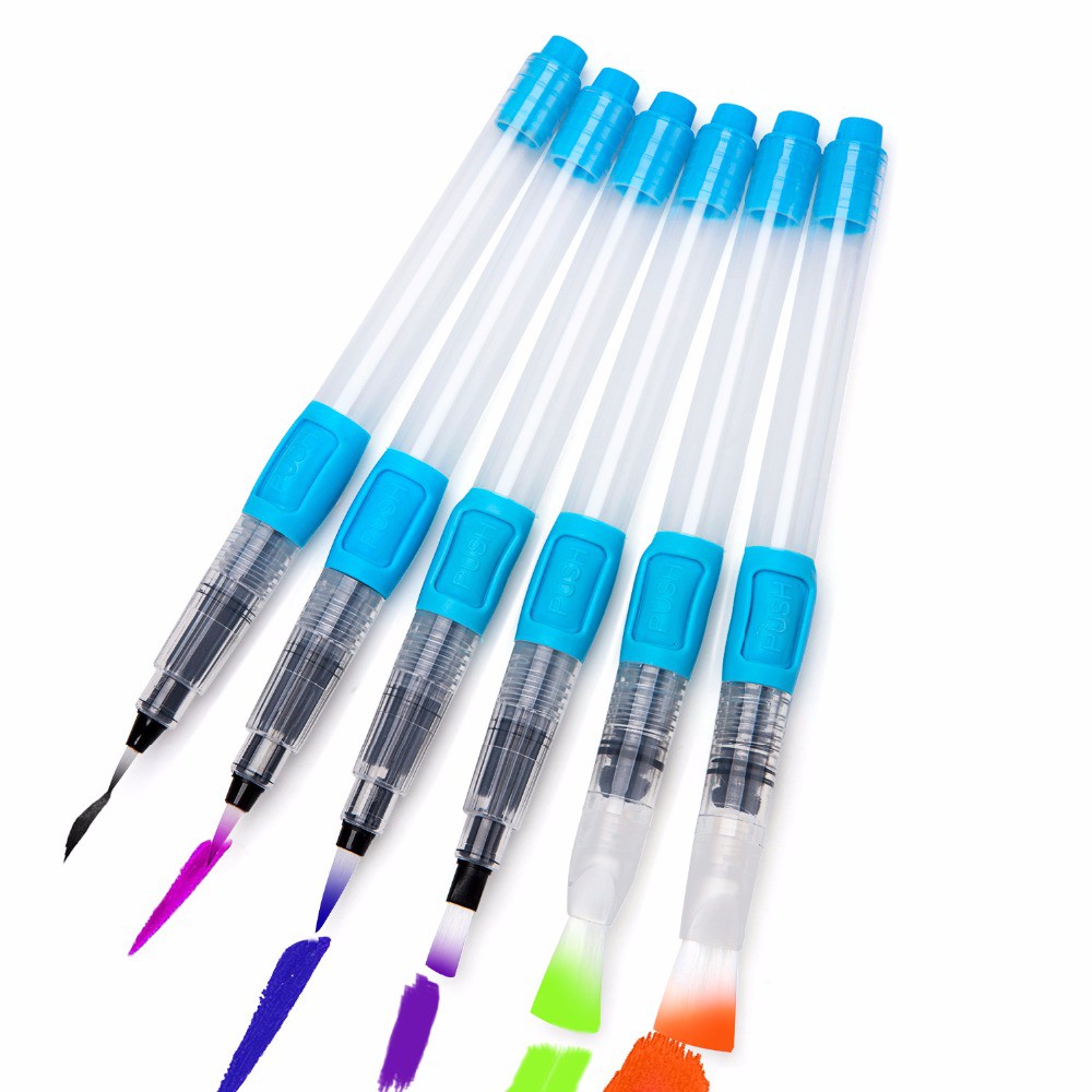 秀普 6隻摁壓式儲水毛筆套裝【西米藝術】 藍色/深粉色 固體水彩顏料伴侶 自來水筆 勾線 暈染毛筆