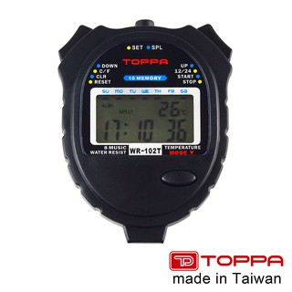 【臺灣 TOPPA】臺灣製多功能防潑水運動電子碼錶 1/100秒跑錶 10組記憶 WR-102T