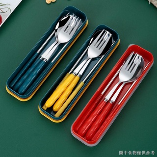 (小麥秸稈便攜餐具)（筷子勺子套裝）【三件式】便攜式小麥秸稈加厚不鏽鋼成人勺子筷子叉學生旅行餐具