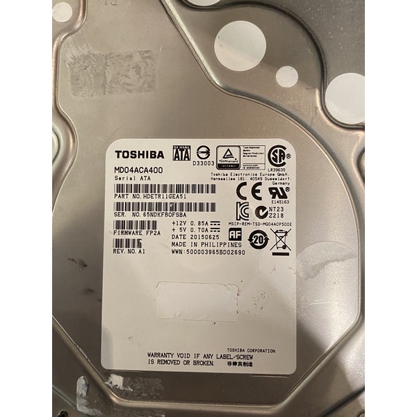 （二手良品）Toshiba 4TB 硬碟/SATA/7200轉 7.2k rpm