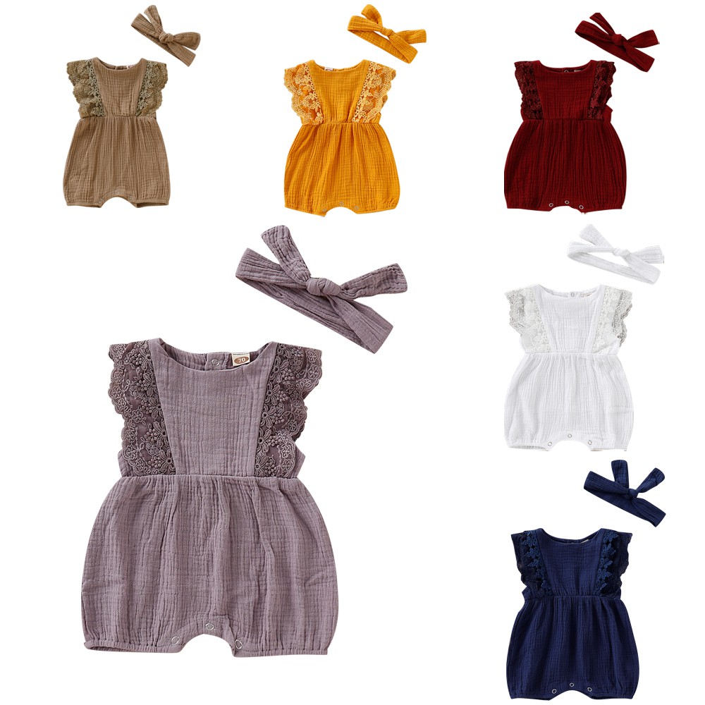 初生兒 女童 兩件組素色小洋裝 無袖蕾絲拼接連體褲 配套髮帶 歐美爆款 0-4歲