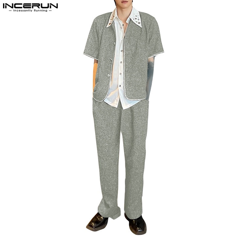 Incerun 男士短袖襯衫 + 長褲純色寬鬆兩件套