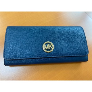 全新品。MICHAEL KORS 荔枝紋長夾 藍 金字MK