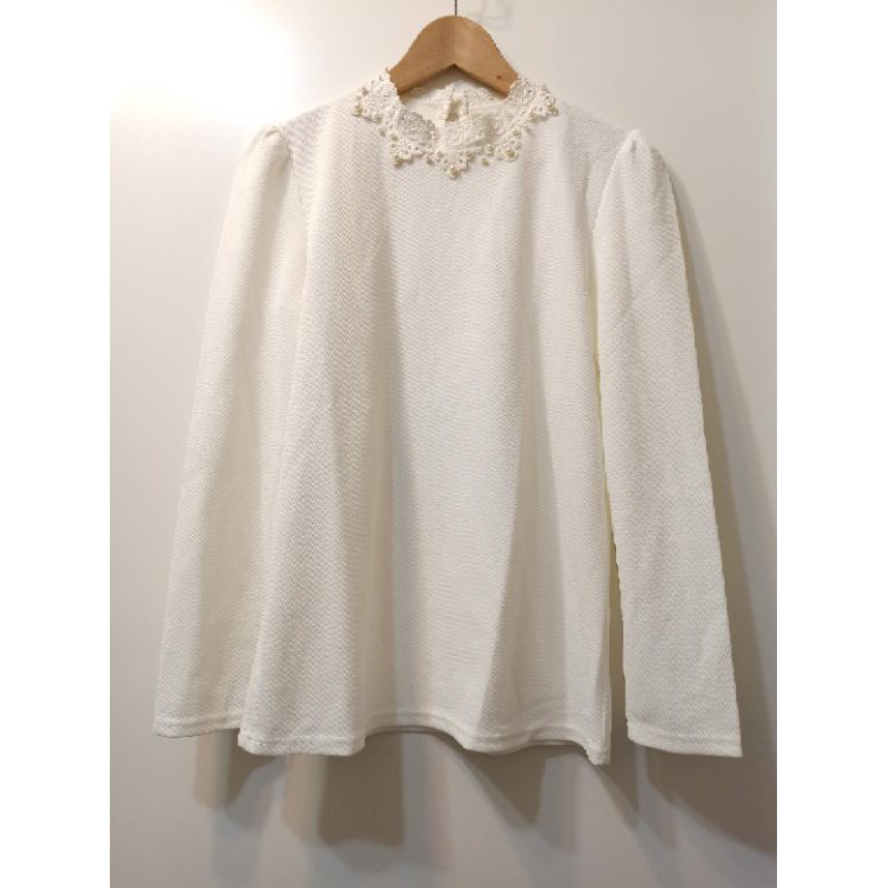 轉賣 東京著衣 YOCO 珍珠蕾絲領素色上衣 白色M號(051)