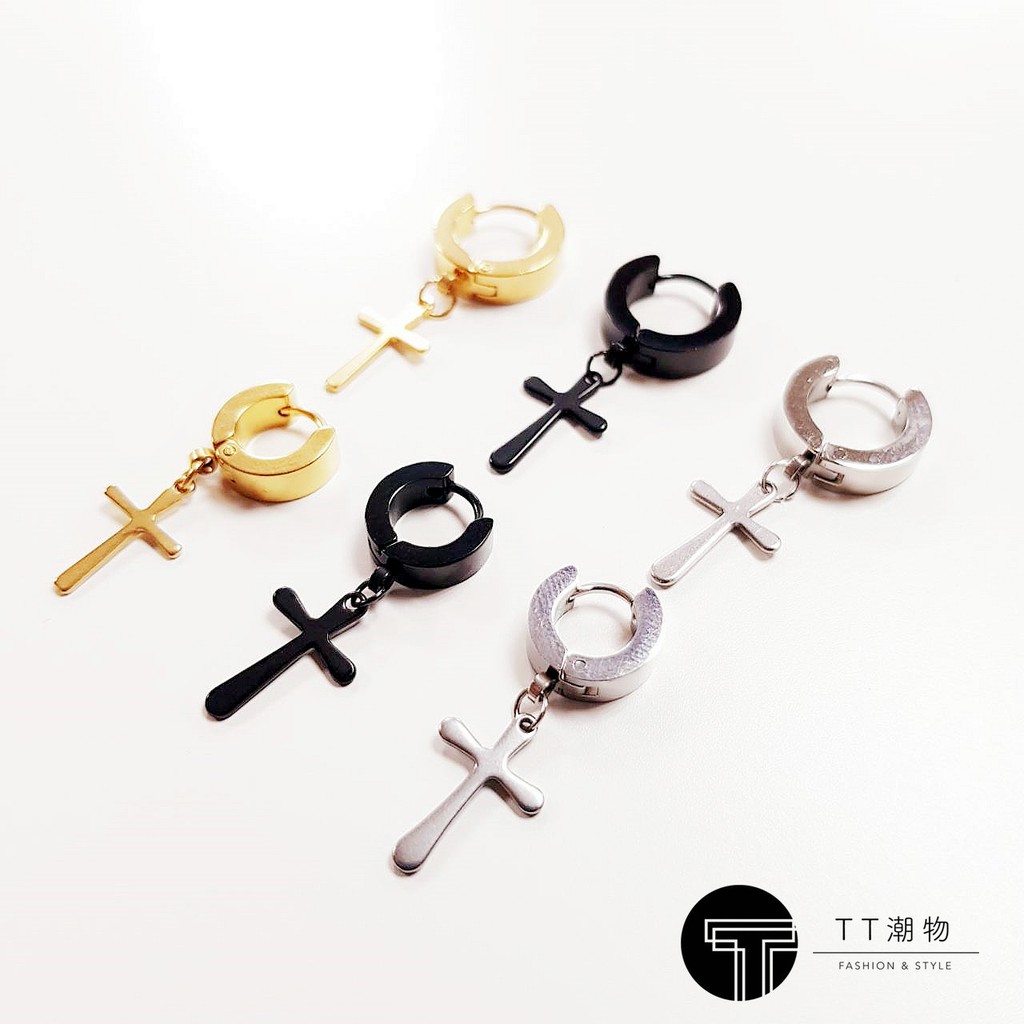 TT潮物 B43-02 醫療鋼(316L鋼針) 易扣式單十字架耳環