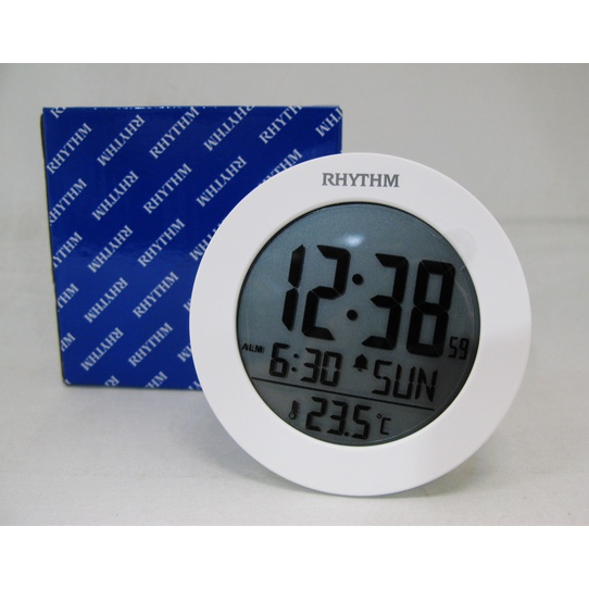 RHYTHM CLOCK 麗聲圓型白殼液晶日期星期貪睡雙鬧鈴溫度冷光鬧鐘 型號：LCT103NR03【神梭鐘錶】