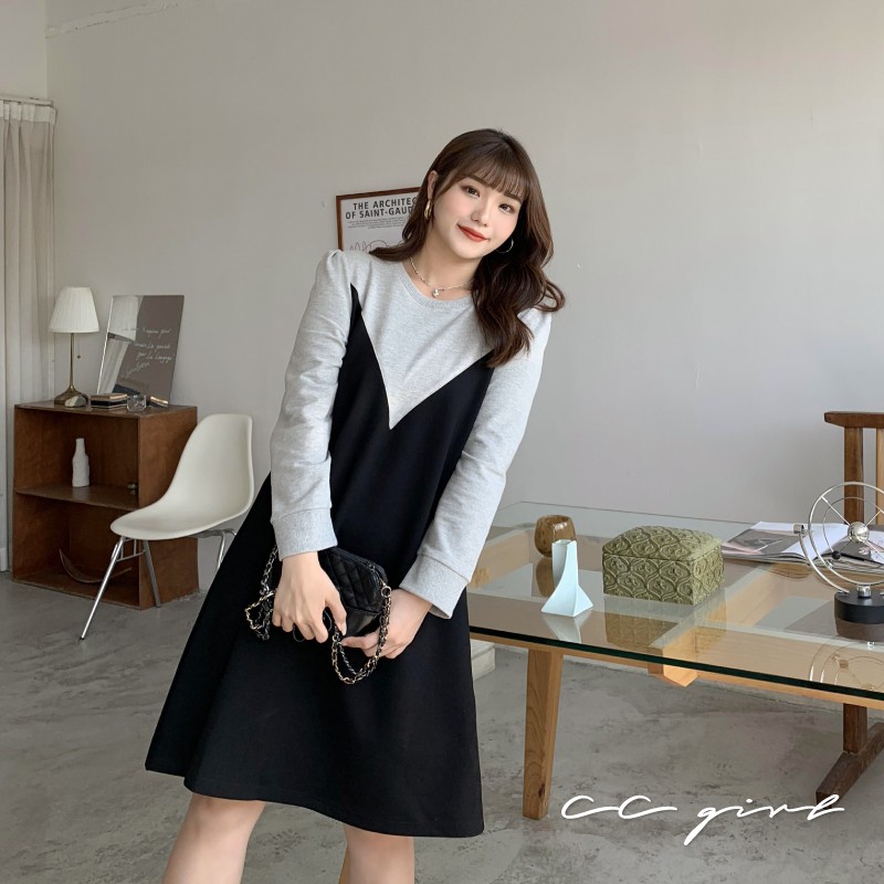 CC-GIRL 韓系異材質拼接修身長袖洋裝  － 適L～4L《 90477 》中大尺碼