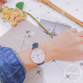 全新 現貨 FOSSIL ES4291 手錶 36mm 白色面盤 藍色皮錶帶 水鑽錶圈 羅馬數字 日期顯示 女錶