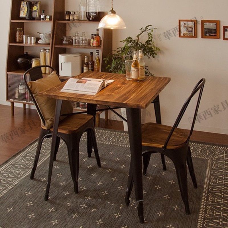 餐桌椅 餐桌椅組 美式鄉村餐桌復古鐵藝實木方形飯桌小方桌餐廳咖啡奶茶店桌椅組合