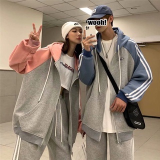 【COUPLE】港風ins三杠連帽衛衣男女學生寬鬆百搭開衫外套潮流情侶衫