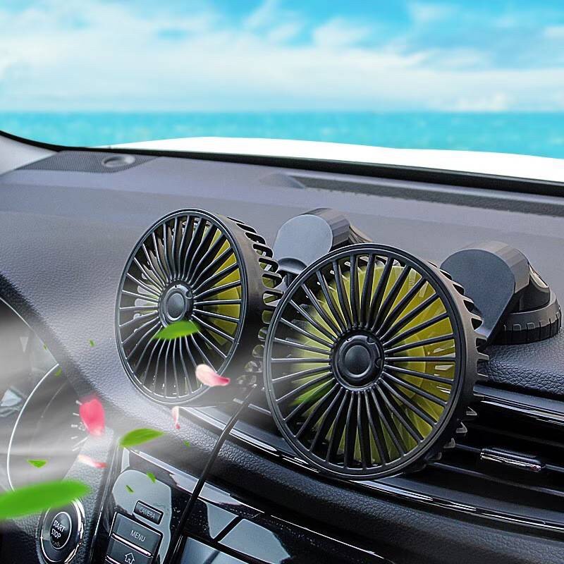 車用雙頭360度風扇風量無死角USB供電雙獨立開關安全柵欄保護手部觸碰三檔切換，降低室內溫度流通車內氣流低噪音