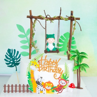 兒童派對烘焙蛋糕裝飾兒童生日蛋糕裝飾森林系列 可愛小動物 創意鞦韆 男孩女孩生日蛋糕外掛 兒童甜點裝飾