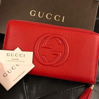 全新正貨 真品Gucci 正品 SOHO 紅色 流蘇 浮雕 牛皮 荔枝紋 拉鍊 長夾 皮夾 發財包 名牌皮夾