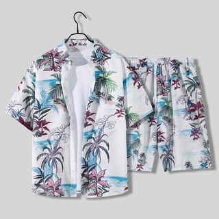 男士情侶旅行度假裝休閒套裝寬鬆中褲夏威夷沙灘褲短袖花襯衫
