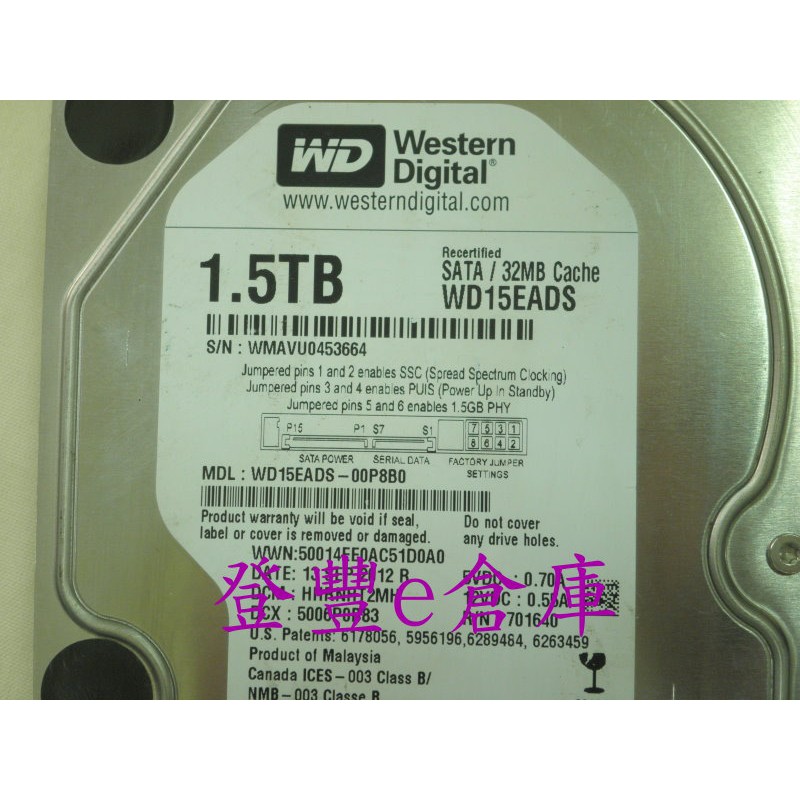 【登豐e倉庫】 YF385 黑標 WD15EADS-00P8B0 1.5TB SATA2 硬碟