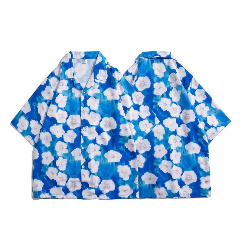 【M-3XL】夏威夷風全印花藍色短袖襯衫街頭寬鬆休閒薄款沙灘花襯衫