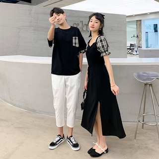 【COUPLE】情侶裝🔥🔥夏季男衣女拼接泡泡袖開叉連衣裙夏