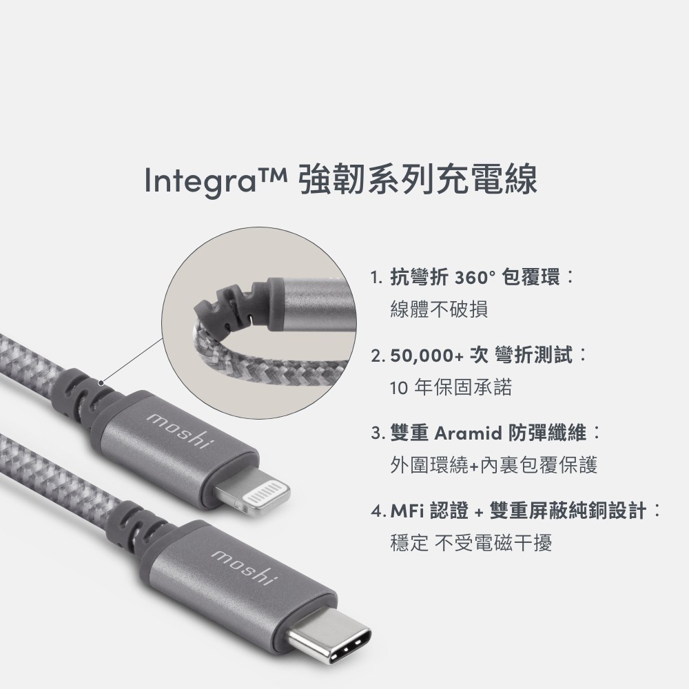Moshi Integra 強韌系列 Type-C to Lightning Lightning MFi 蘋果認證 PD 快充 iPad 1.2M 充電線, 鈦灰