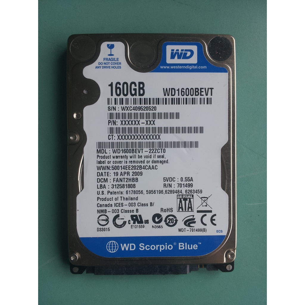 WD藍標 2.5吋SATA 160GB(160G) NB筆電硬碟 WD1600BEVT-22ZCT0 瑕疵