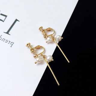 【NiNi Me】夾式耳環 優雅珍珠金屬長條夾式耳環 E0023