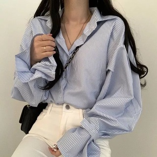 優質~韓版韓國chic法式小眾秋裝設計感細條紋寬鬆襯衫女簡約內搭長袖上衣