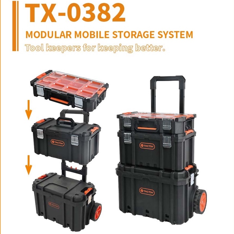 【台南南方】TACTIX TX-0382 三合一 輕巧型移動式 堆疊工具箱 工具車 拉車板車 手推車 五金收納 零件盒