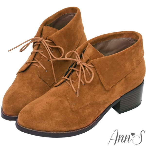 Ann’S小精靈-防水絨布反摺綁帶粗跟短靴-棕