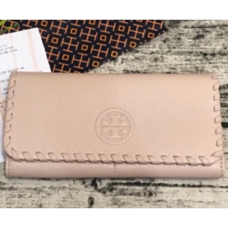 Tory Burch 40864 裸粉 編織邊 素面牛皮長夾 #全新正品