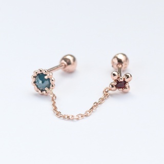 14K Raw Diamond Ruby Chain Piercing 原鑽鍊雙色寶石鎖珠耳環 (單個)