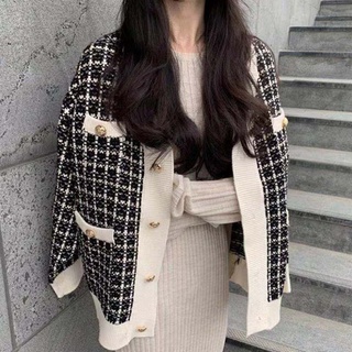 長袖針織外套女生外套 女生上衣 針織上衣 長袖衣服 韓國chic百搭簡約風撞色單排扣格紋針織衫開衫長袖毛衣大尺碼