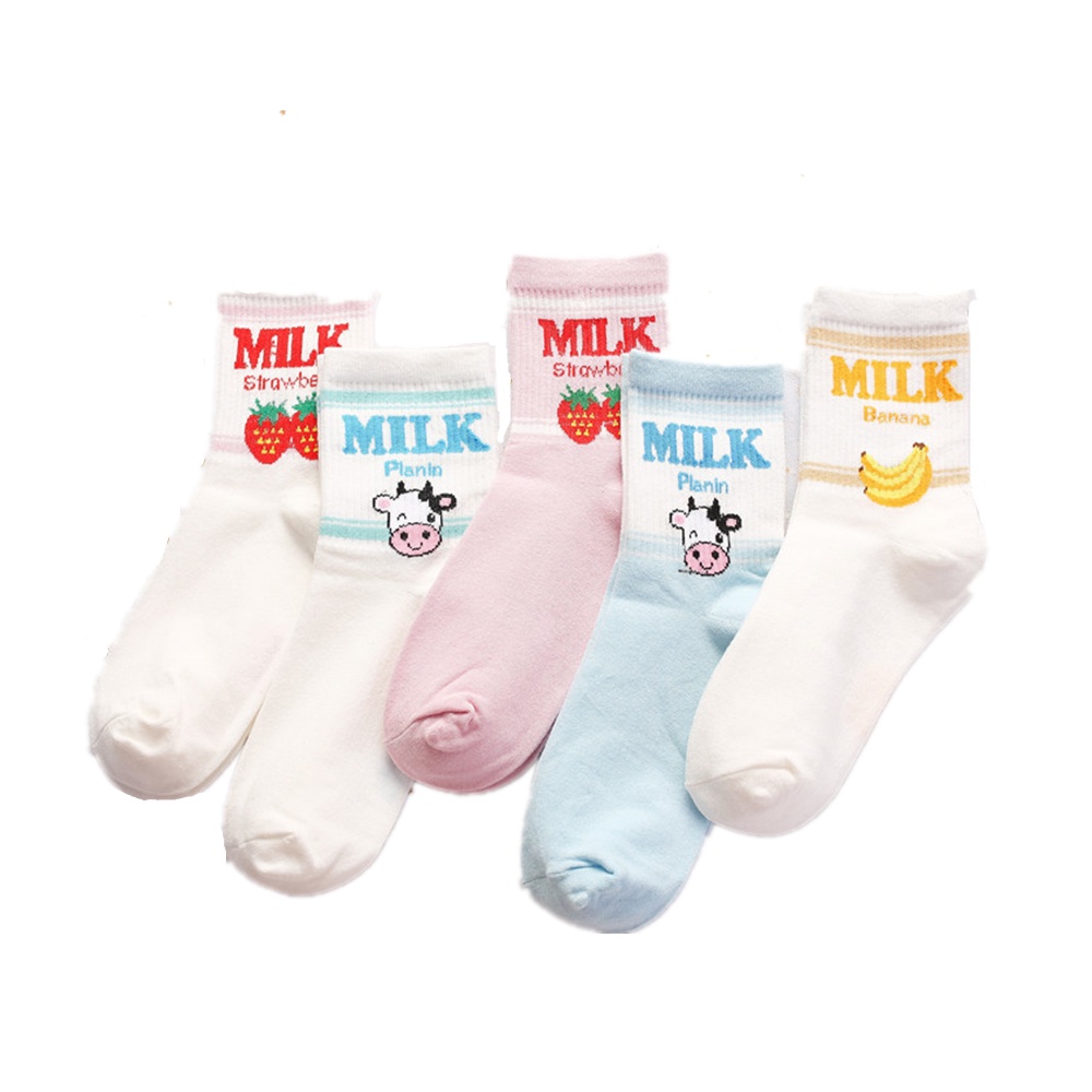 香蕉草莓牛奶milk中筒全棉女襪 韓國潮款休閒襪子女