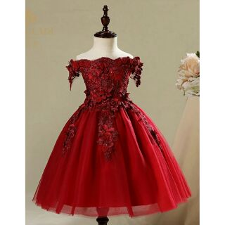 Happy Bunny 女童 花童 公主禮服 囍 酒紅色 一字領 刺繡 蕾絲 婚紗走秀 短版
