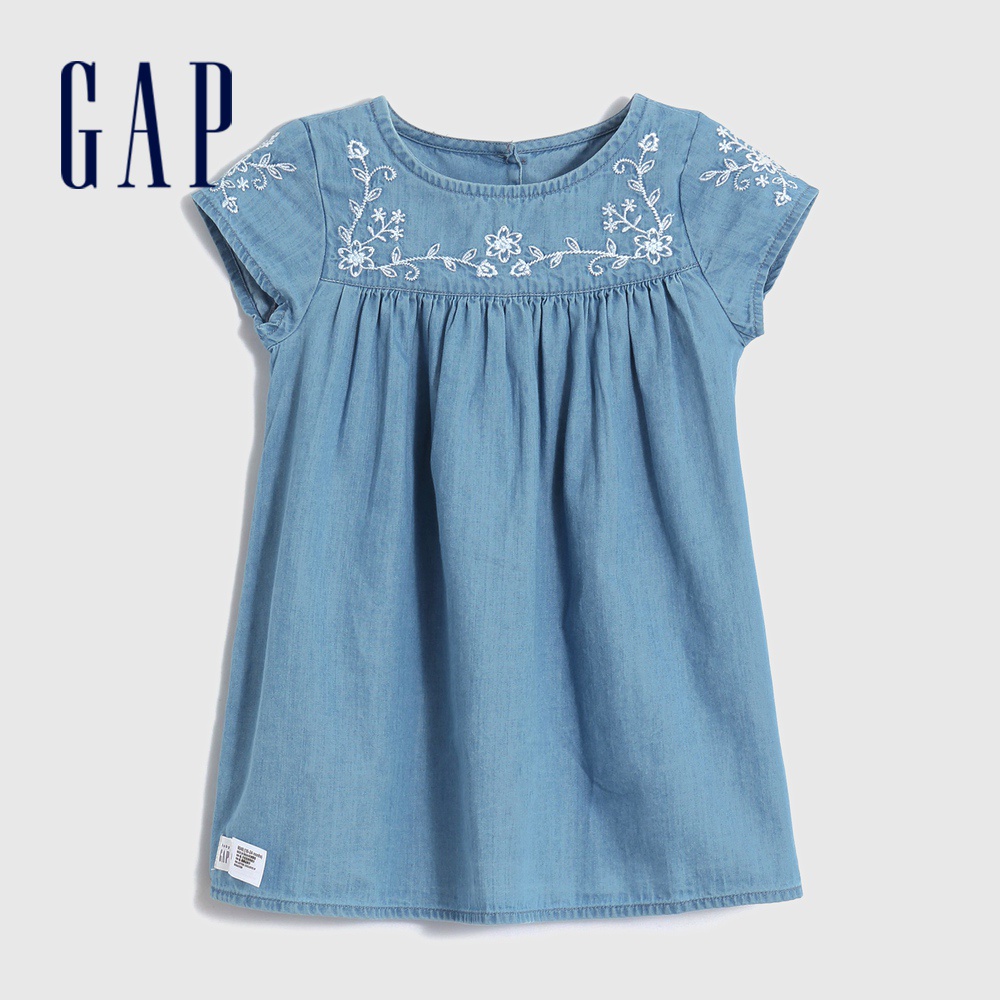 Gap 嬰兒裝 輕薄刺繡短袖洋裝-淺色水洗(857434)