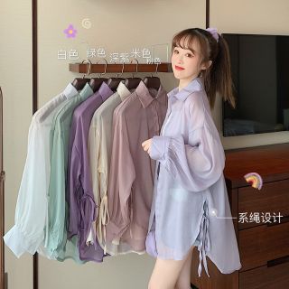 夏天必備六色綁帶透膚襯衫韓版寬鬆防曬外套罩衫雪紡衫襯衫中長款寬鬆長袖襯衫 透膚上衣 雪紡外套 雪紡襯衫女生上衣A012