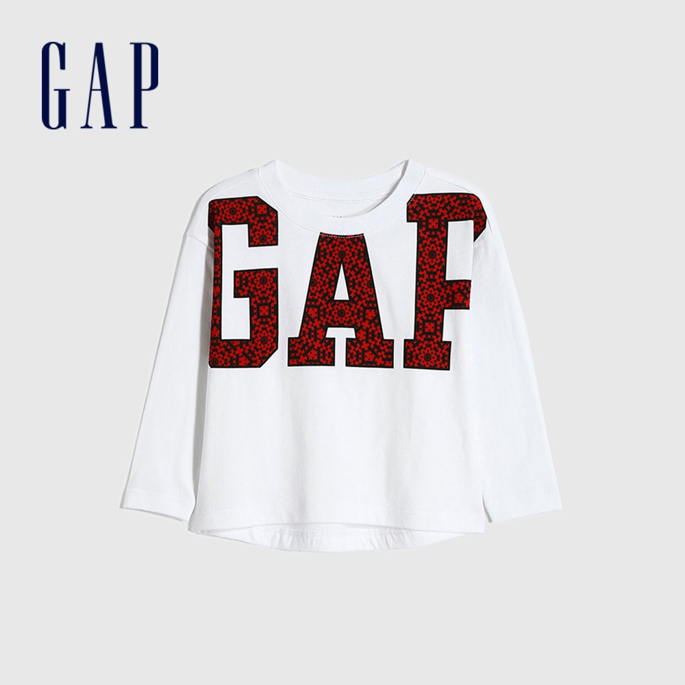 Gap 女幼童裝 Logo創意印花圓領長袖T恤-白色(656556)