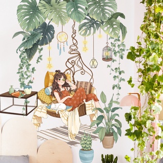 五象設計 新鮮綠色植物女孩裝飾貼臥室沙發牆貼防水可移動牆貼