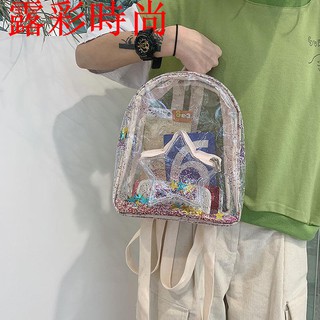 🌸露彩時尚🌸書包 ins風後背包 女學生韓版雙肩後背包 初中高中生校園後背包 可愛星星網紅透明小背包 果凍背包