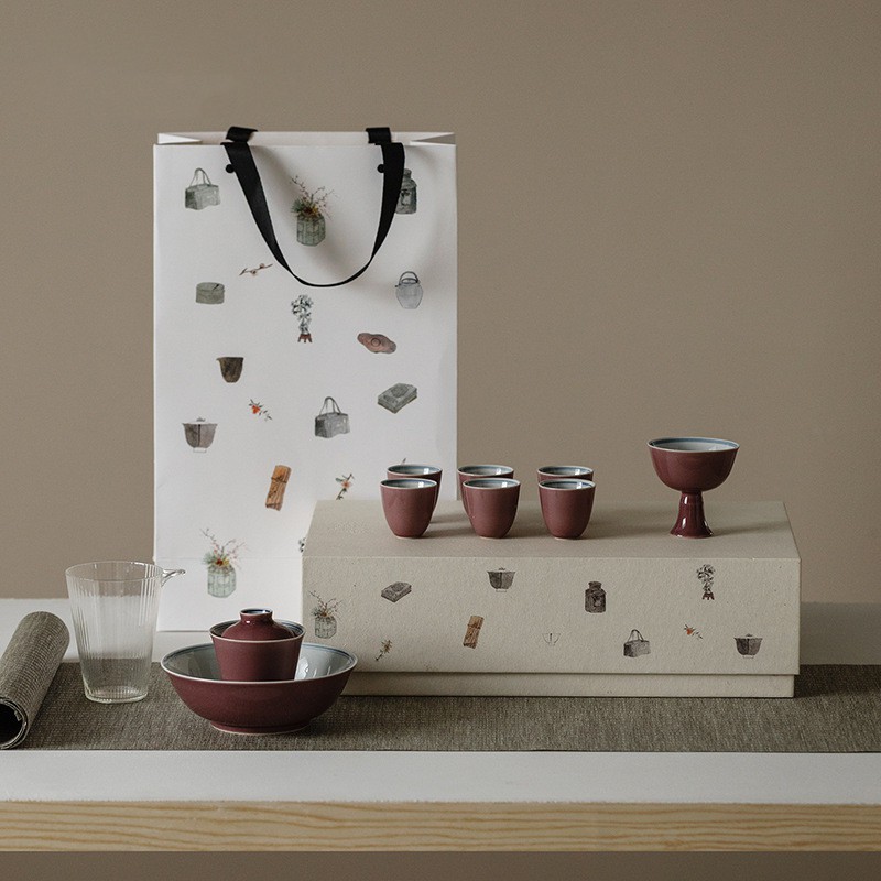 中式復古風整套功夫茶具禮盒套裝家用茶具套組豇豆紅蓋碗茶杯茶盤