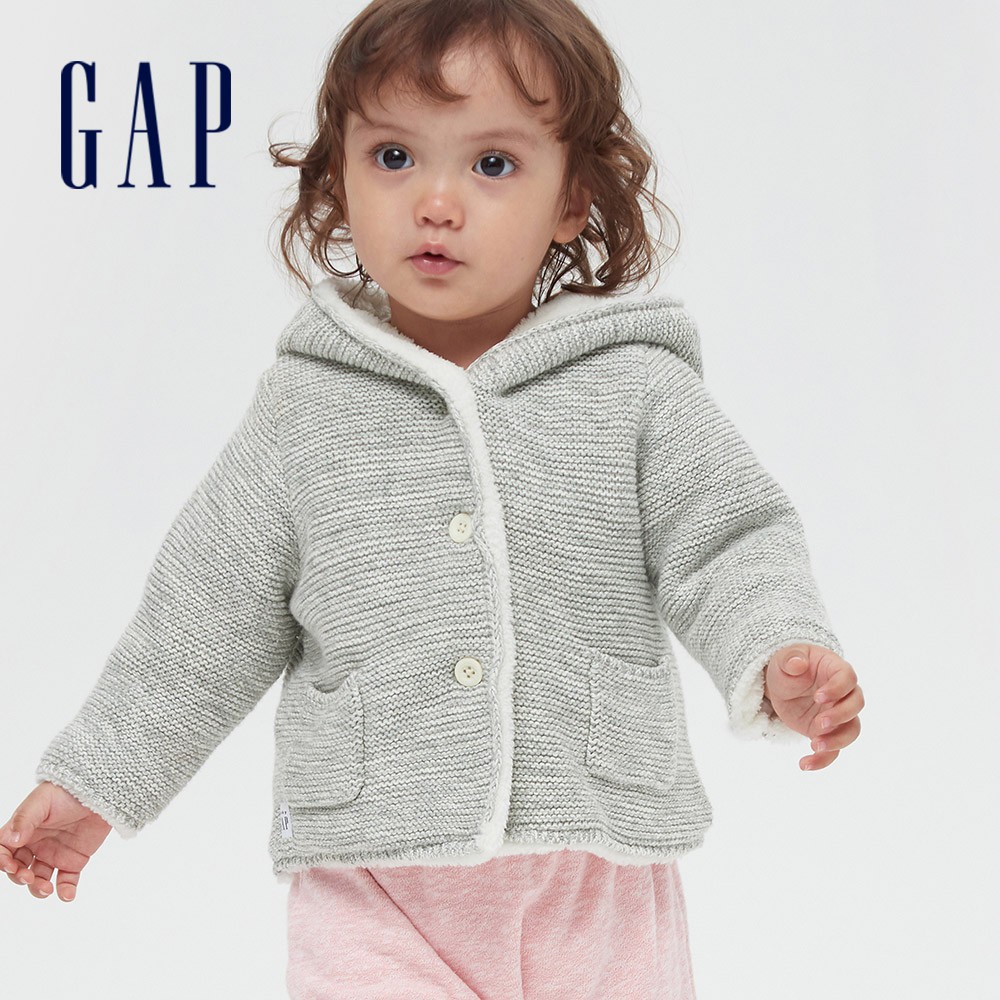 Gap 嬰兒裝 保暖仿羊羔絨熊耳針織衫-淺灰色(599940)