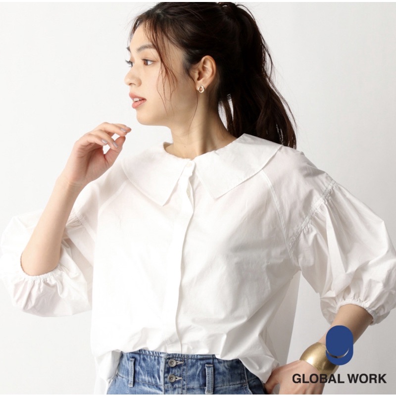 日本GLOBAL WORK。2WAY可拆式領蓬蓬五分袖白襯衫