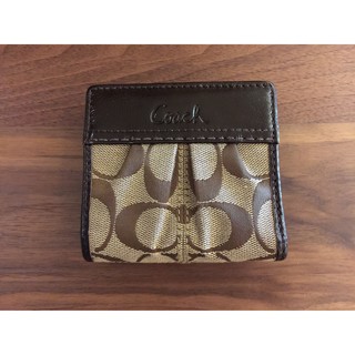 正貨【COACH】經典品牌logo 咖啡色 扣式 折疊 短夾 皮夾