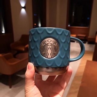Starbucks星巴克杯子禮盒咖啡杯家用學生可愛情侶限量版魚鱗銅章陶瓷馬克杯 馬克杯 水杯 陶瓷咖啡杯 陶瓷杯 果汁杯